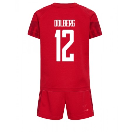 Virallinen pelipaita Tanska Kasper Dolberg 12 Koti World Cup 2022 Lyhythihainen - Lasten ( + Lyhyet housut )